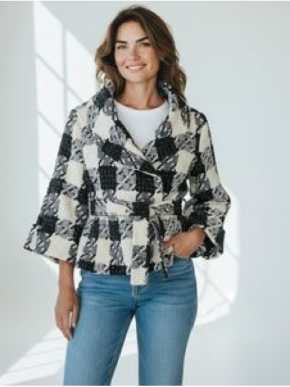 ZARA Basic Black White Tweed 3/4 Sleeves Belt Cropped Jacket Sz XS